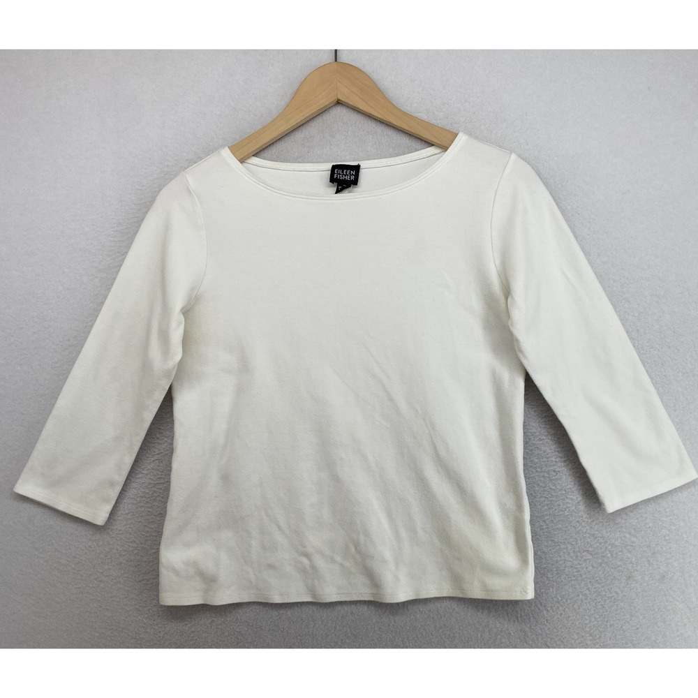 EILEEN FISHER Top XS Cotton Interlock Jersey Round Neck 3/4 Sleeve Basic White